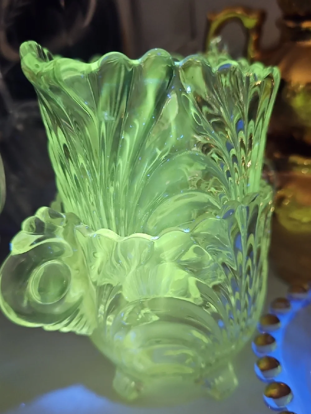 Cambridge Caprice Clear 3 Toed Mini Cream Pitcher and Open Sugar, UV Reactive